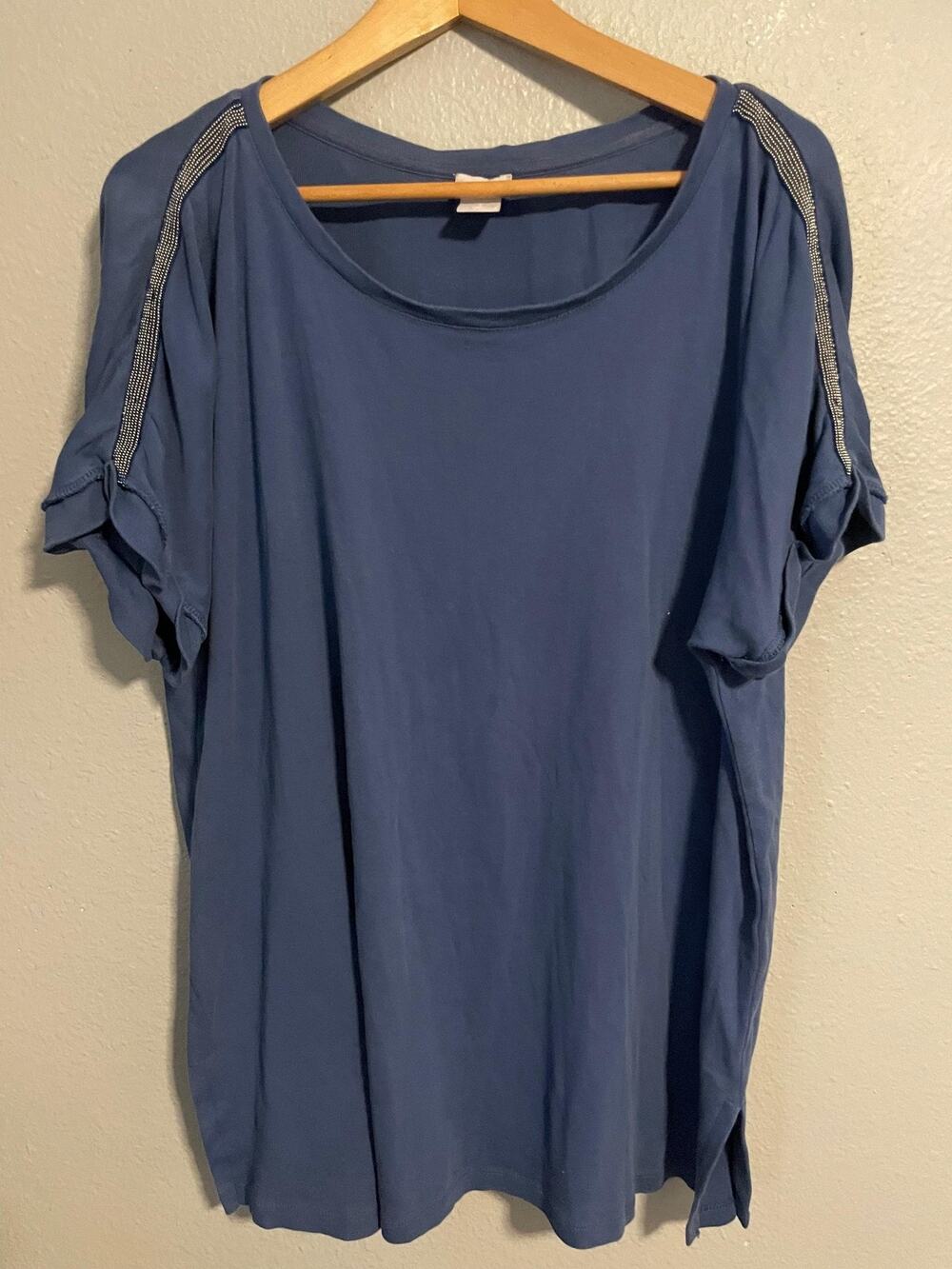 Chicos Womens Top Size 3 US XL Blue Pima Cotton Short Sleeve Scoop Neck Modern